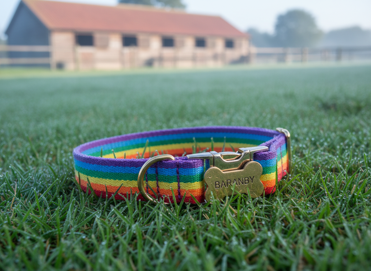 An expanse of soft, dew-covered grass in the early morning, with a single, colorful dog collar and engraved name tag resting in the foreground, slightly damp with tiny droplets catching the light. In the distant background, out of focus, a stable and fenced paddock suggest the presence of horses and countryside life. Cool, diffused dawn light with a hint of mist creates a gentle, quiet atmosphere, emphasizing the reflective mood of cherished memories. Photographed in photographic realism with a low-angle, close-up composition, the collar is rendered in sharp detail while the background melts into a dreamy blur, symbolizing the emotional connection and lasting legacy of pet photography.