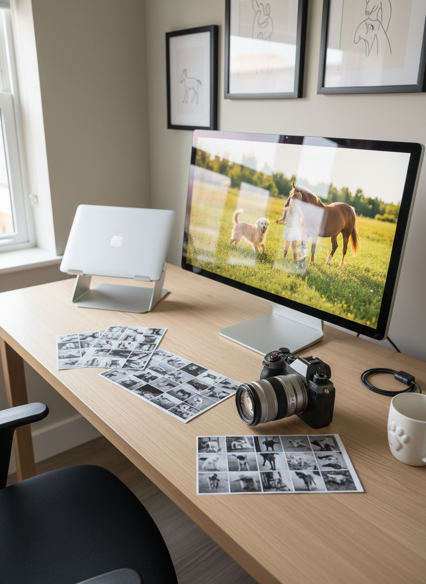 A tidy, light-filled home office desk set up for a professional photographer, featuring a sleek mirrorless camera with a prime lens, a scattering of printed contact sheets of dogs and horses at play, and a large monitor showing a vibrant outdoor pet portrait. The desk surface is pale oak, and a neutral wall provides a clean backdrop. Soft mid-morning natural light falls from the left, illuminating the camera’s metal and leather textures and creating subtle reflections on the monitor. Captured in photographic realism from a three-quarter overhead angle, the scene is crisply detailed yet uncluttered, conveying an organized, professional, and creative workspace dedicated to relaxed animal and family photography editing.