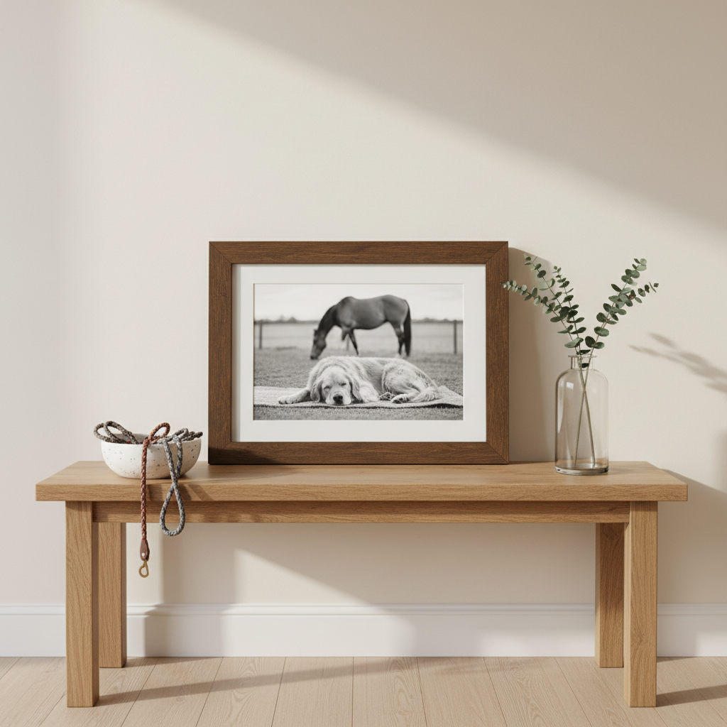 A carefully arranged wooden console table in a bright hallway, displaying a framed black-and-white photograph of a sleeping dog and a grazing horse, both captured in candid, relaxed poses. Beside the frame sits a small ceramic bowl with dog leads and a simple glass vase holding a few eucalyptus stems. Natural daylight filters through an unseen window, creating soft, directional light that gently highlights the photo frame and casts subtle shadows on the wall. Shot straight-on with photographic realism and a shallow depth of field, the framed print is in sharp focus while the background wall and floor blur slightly, conveying a professional, homely atmosphere ideal for showcasing printed photography products.