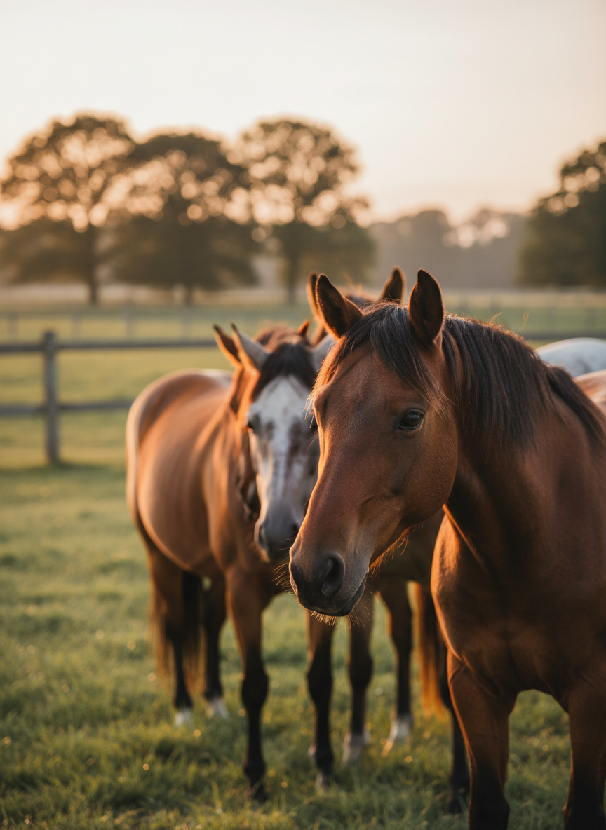 A small herd of sleek bay and grey horses standing together in a lush green paddock, their glossy coats catching the soft golden-hour sun. The foreground focuses sharply on one horse’s expressive eye and gently fluttering forelock, while the others blur into a pleasing, creamy bokeh. The setting includes a distant post-and-rail fence and a line of softly focused trees. Warm, low-angle sunlight creates rim lighting along their backs and manes, emphasizing texture and form. Captured in photographic realism with a slightly elevated angle and rule-of-thirds composition, the mood is peaceful, dignified, and timeless, ideal for showcasing relaxed equine portraiture.