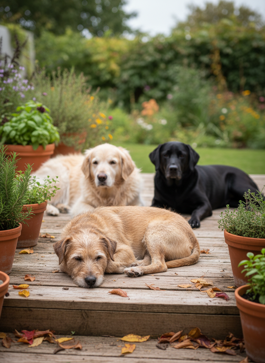 A mixed group of three dogs—an elderly golden retriever, a wiry terrier, and a sleek black Labrador—resting together on a weathered wooden deck in a leafy garden. Fallen leaves and potted herbs surround them, giving a relaxed, lived-in feel. Soft overcast daylight creates even, diffused lighting with no harsh shadows, emphasizing the varied textures of their coats and the subtle graying muzzle of the older dog. Photographed at eye level with a moderate depth of field, the front dog is in crisp focus while the others fall gently out of focus, creating a natural, documentary-style pet portrait in clean, professional photographic realism.