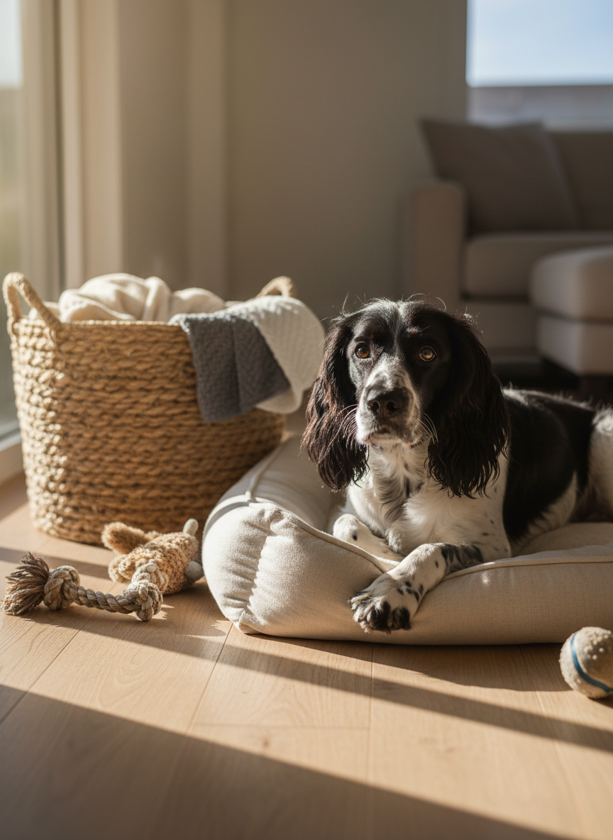 A glossy black-and-white spaniel lying comfortably on a light linen dog bed in a bright living room, its fur softly ruffled and eyes alert with character. Around it, a few scattered, well-loved toys and a woven basket of blankets hint at a cozy home. Gentle late-afternoon natural light pours through a nearby window, creating a warm, photographic realism with subtle highlights along the dog’s fur and soft shadows on the wooden floor. Shot at eye level with a shallow depth of field, the background falls into a gentle bokeh of neutral tones, creating a calm, inviting, and professional look suitable for a relaxed lifestyle pet photography portfolio.