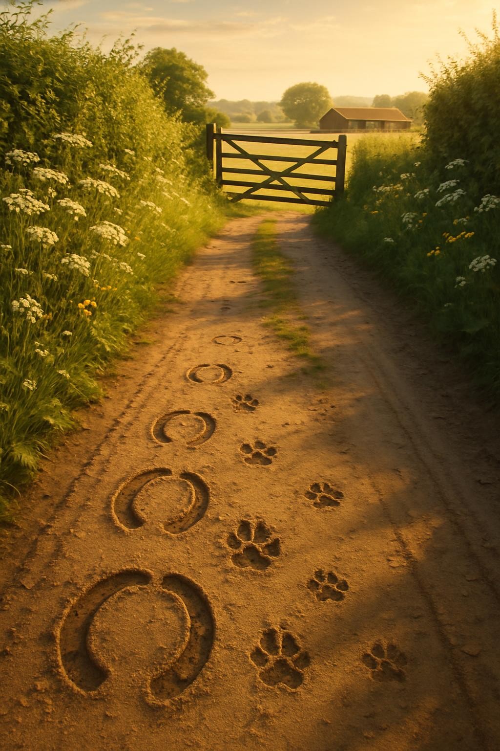 A sunlit country lane bordered by tall hedgerows and wildflowers, with fresh hoofprints and pawprints clearly impressed in the slightly damp earth, suggesting a recent relaxed walk. In the midground, a tidy wooden gate stands ajar, leading toward rolling fields and a distant stable block rendered in soft focus. Warm, low evening light bathes the scene in a golden glow, casting long, gentle shadows that convey tranquility and nostalgia. Captured with a wide-angle lens and sharp focus from foreground to horizon, the composition uses leading lines of the lane to draw the eye inward. The overall feel is serene, timeless, and reflective of countryside family and animal adventures.