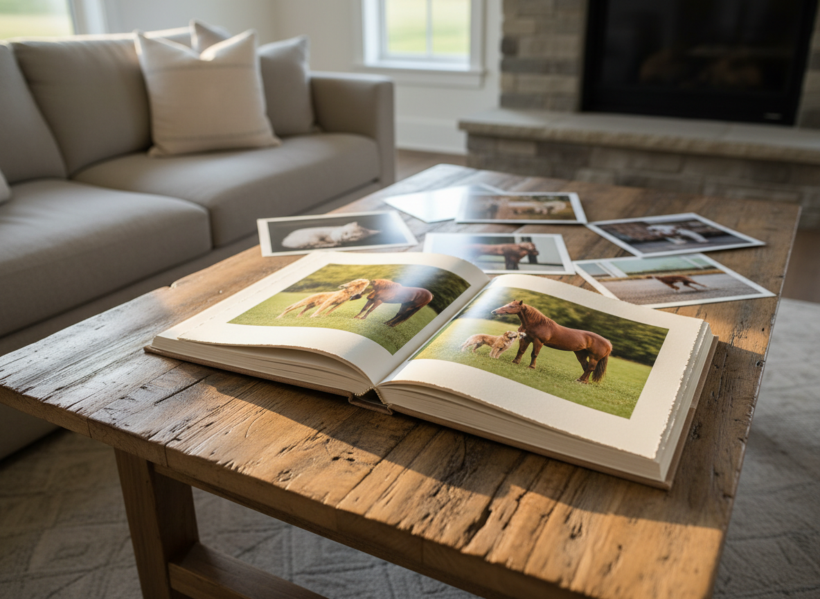 A rustic wooden coffee table in a modern farmhouse-style living room, with a beautifully bound photography album open to a full-spread image of a dog and horse standing together in a meadow. The album pages have a soft matte finish and thick, slightly textured edges. Around the album are a few scattered, high-quality loose prints of relaxed outdoor animal portraits. Soft morning light streams in from a nearby window, creating gentle highlights along the album’s spine and prints while casting delicate shadows. Captured from a slightly elevated angle with a shallow depth of field, the focus rests on the album spread, illustrating the tangible, lasting memories created through professional pet and equine photography.